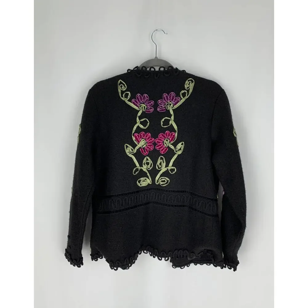 Carson Vintage Wool Floral Ribbon Open Cardigan Sweater Womens Medium Black Red